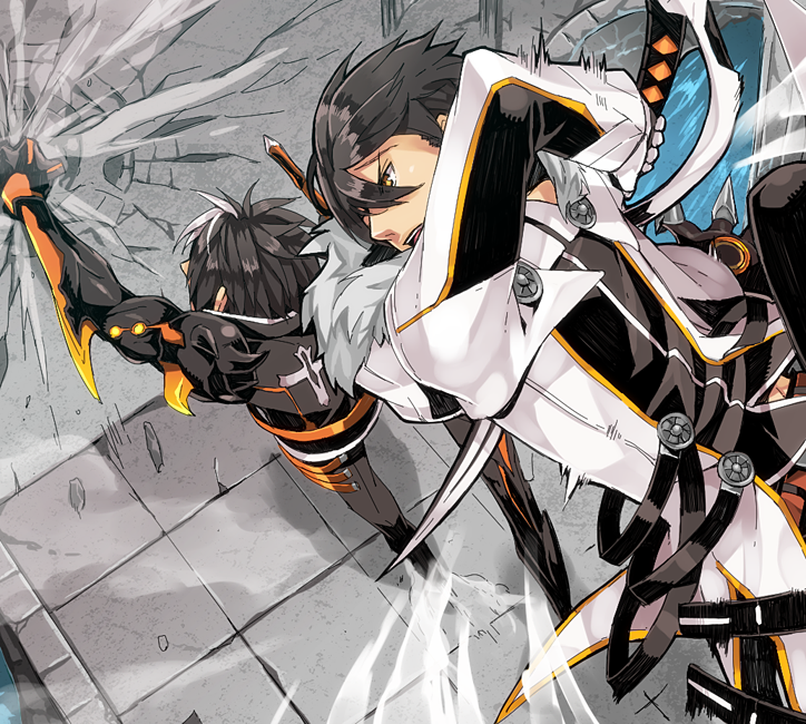 2boys, battle, black_hair, coat, daizu_yan, dual_persona, elsword, male