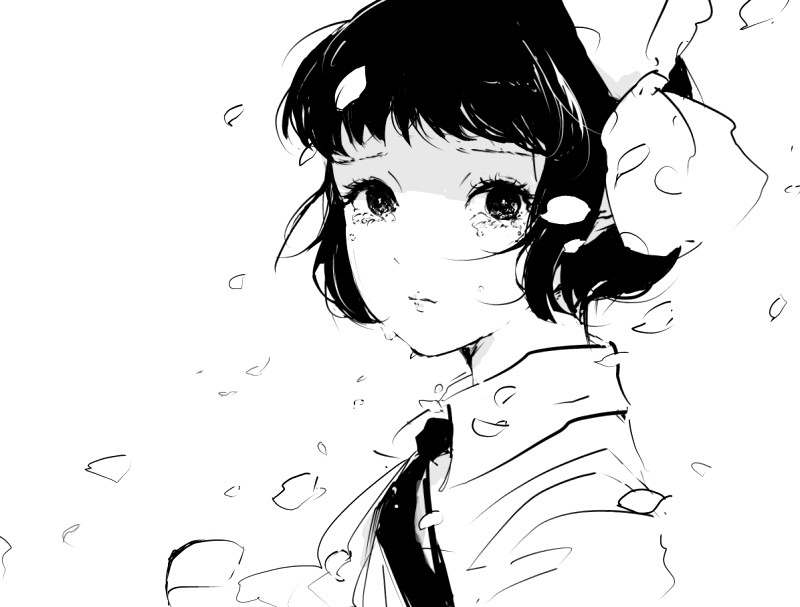 1girl, akota, black_hair, monochrome, petals, solo, tears