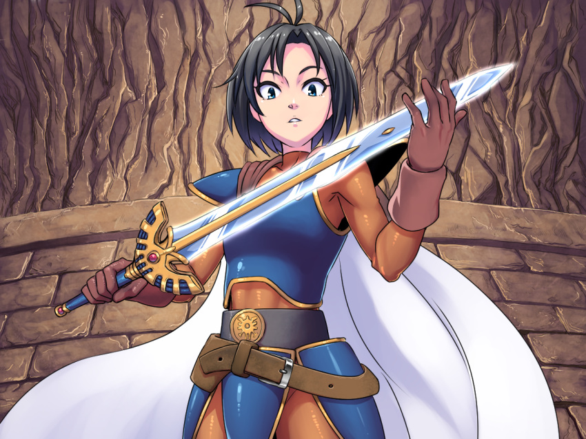 1girl, black_hair, blue_eyes, cape, dragon_quest, gloves, idolmaster, kikuchi_makoto