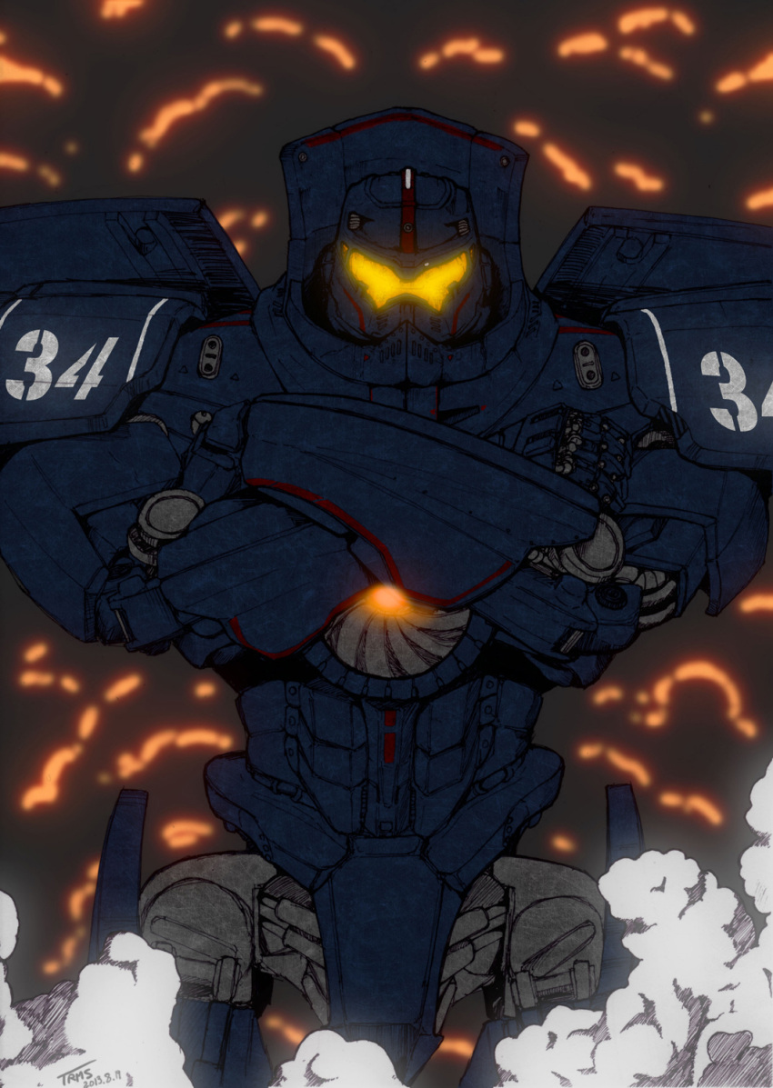crossed_arms, fire, gipsy_danger, glowing, glowing_eyes, gunbuster_pose, hashibami_arata, highres, mecha, no_humans, pacific_rim, parody, science_fiction, smoke, solo, super_robot, top_wo_nerae!
