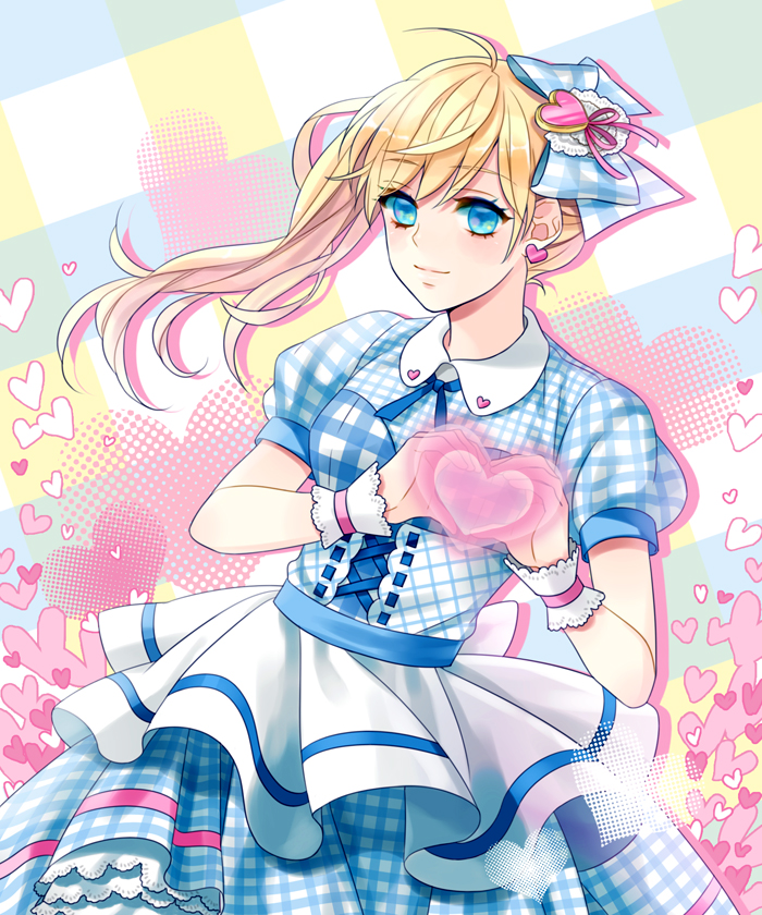 1girl, ahoge, blonde_hair, blue_eyes, bow, dress, hair_bow, hair_ornament