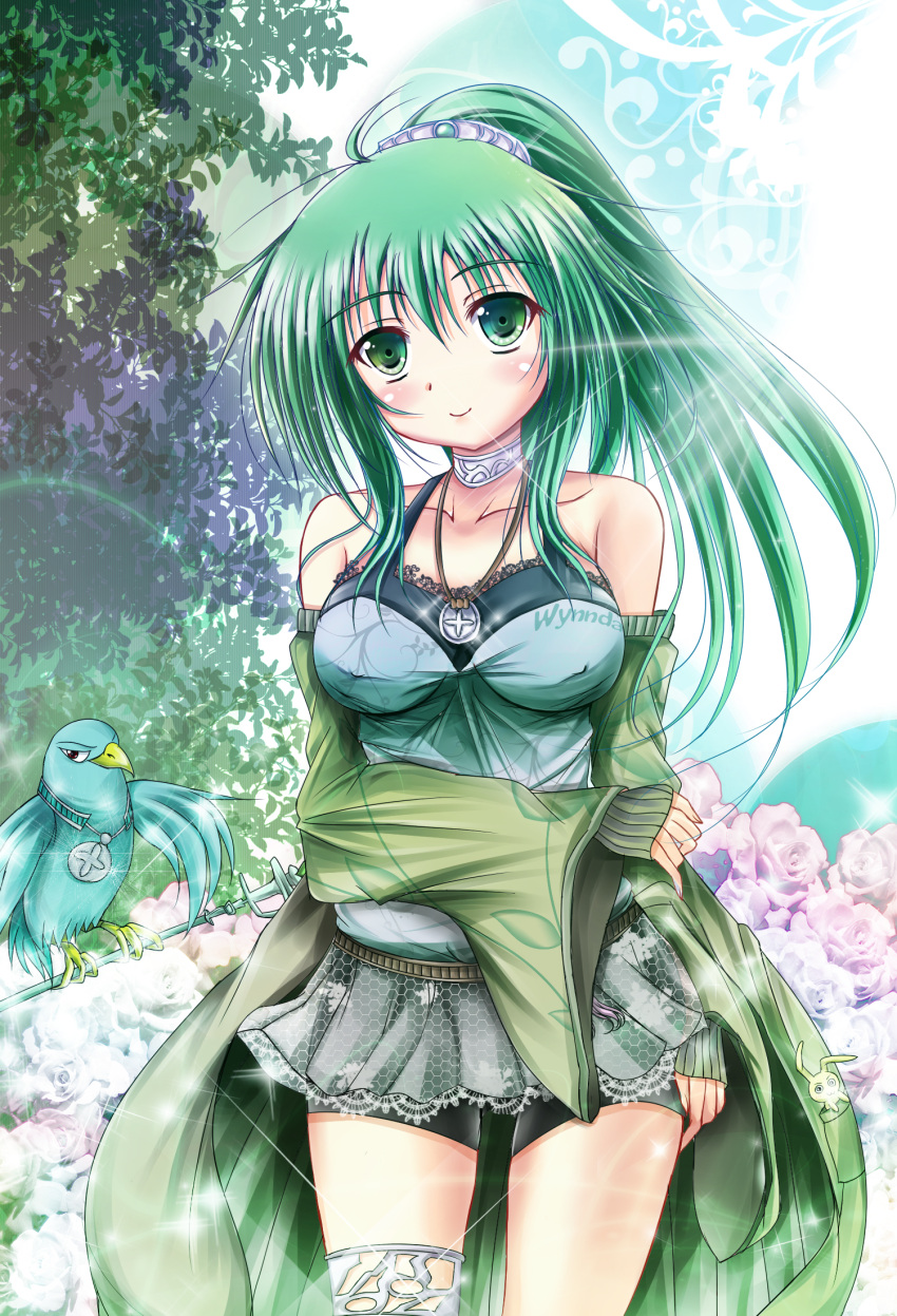 1girl, bird, choker, duel_angel, duel_monster, flower, green_eyes, green_hair