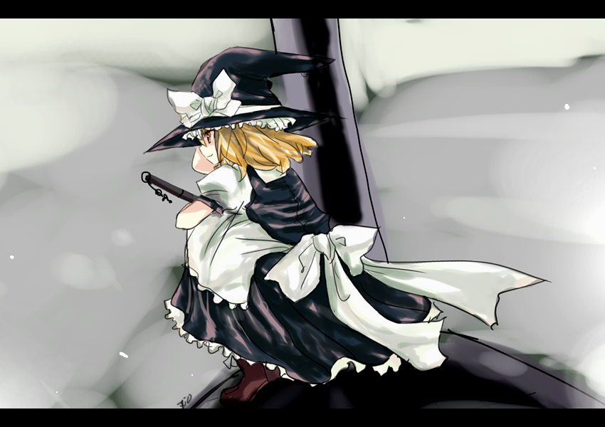 1girl, blonde_hair, boots, fastbond, hat, hat_ribbon, kirisame_marisa, orange_eyes