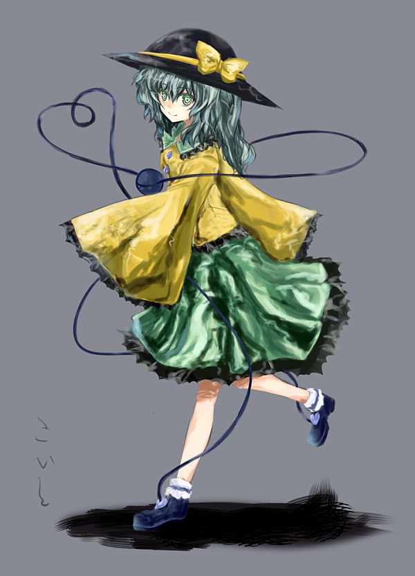 1girl, blouse, character_name, fastbond, frilled_skirt, frilled_sleeves, frilled_socks, frills, green_eyes, green_hair, hands_in_sleeves, hat, hat_ribbon, heart, komeiji_koishi, medium_hair, ribbon, shadow, simple_background, skirt, sleeves_past_wrists, smile, solo, third_eye, touhou, wavy_hair, wide_sleeves