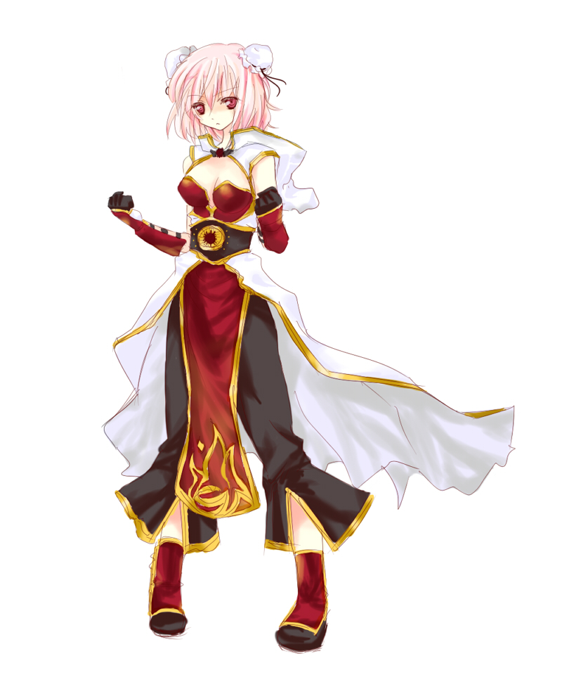 1girl, breasts, champion_(ragnarok_online), cosplay, double_bun, fastbond, ibaraki_kasen, pink_eyes