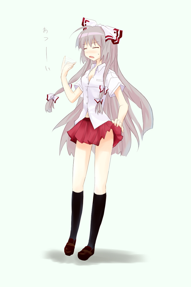1girl, blush, closed_eyes, fastbond, fujiwara_no_mokou, hair_ribbon, hot, long_hair