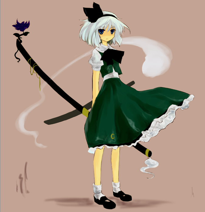 1girl, fastbond, green_eyes, hair_ribbon, katana, konpaku_youmu, konpaku_youmu_(ghost), ribbon