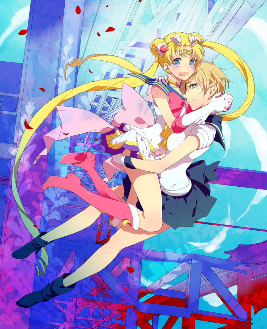 2girls, bishoujo_senshi_sailor_moon, blonde_hair, blue_eyes, blush, boots, bow, choker