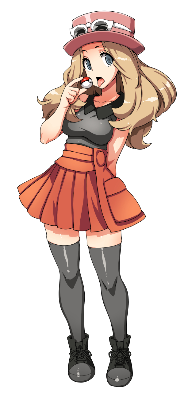 1girl, bare_shoulders, black_legwear, blonde_hair, denkishowgun, hat, highres, long_hair, poke_ball, pokemon, pokemon_(game), pokemon_xy, serena_(pokemon), skindentation, skirt, solo, thighhighs, tongue, white_background