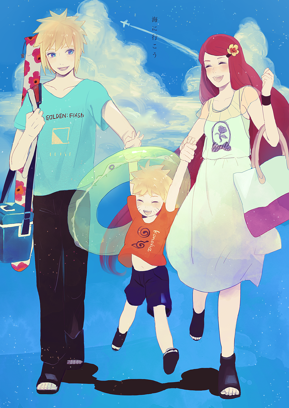 1girl, 2boys, airplane, blonde_hair, blue_eyes, blush, child, closed_eyes