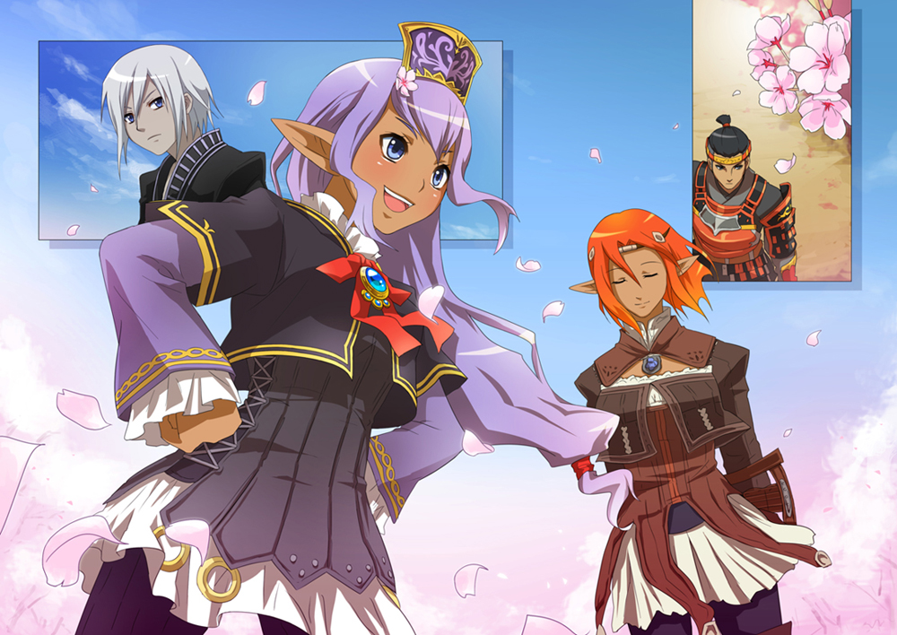2boys, 2girls, armor, black_hair, blue_eyes, cherry_blossoms, clouds, elf, elvaan, final_fantasy, final_fantasy_xi, hachimaki, hands_on_hips, hat, headband, hume, jewelry, long_hair, mozuyun, multiple_boys, multiple_girls, orange_hair, pendant, pointy_ears, prishe, purple_hair, samurai, samurai_armor, selh'teus, short_hair, sky, spring_(season), tenzen_(ffxi), tree, ulmia, white_hair, wind