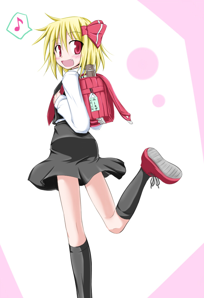 bag, blonde_hair, fang, hair_ribbon, kirino_souya, randoseru, ribbon, rumia