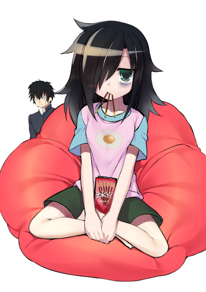1boy, 1girl, bags_under_eyes, bean_bag, black_hair, blush, brand_name_imitation, brother_and_sister, food_in_mouth, green_eyes, hair_over_one_eye, kamitsurugi_ouka, kuroki_tomoki, kuroki_tomoko, long_hair, pocky, siblings, watashi_ga_motenai_no_wa_dou_kangaetemo_omaera_ga_warui!