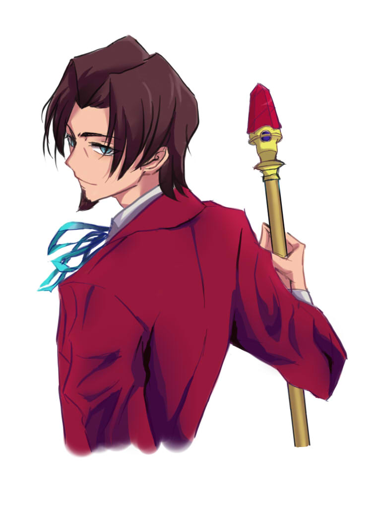 blue_eyes, brown_hair, facial_hair, fate/zero, fate_(series), formal, gem, goatee, lois, staff, suit, toosaka_tokiomi