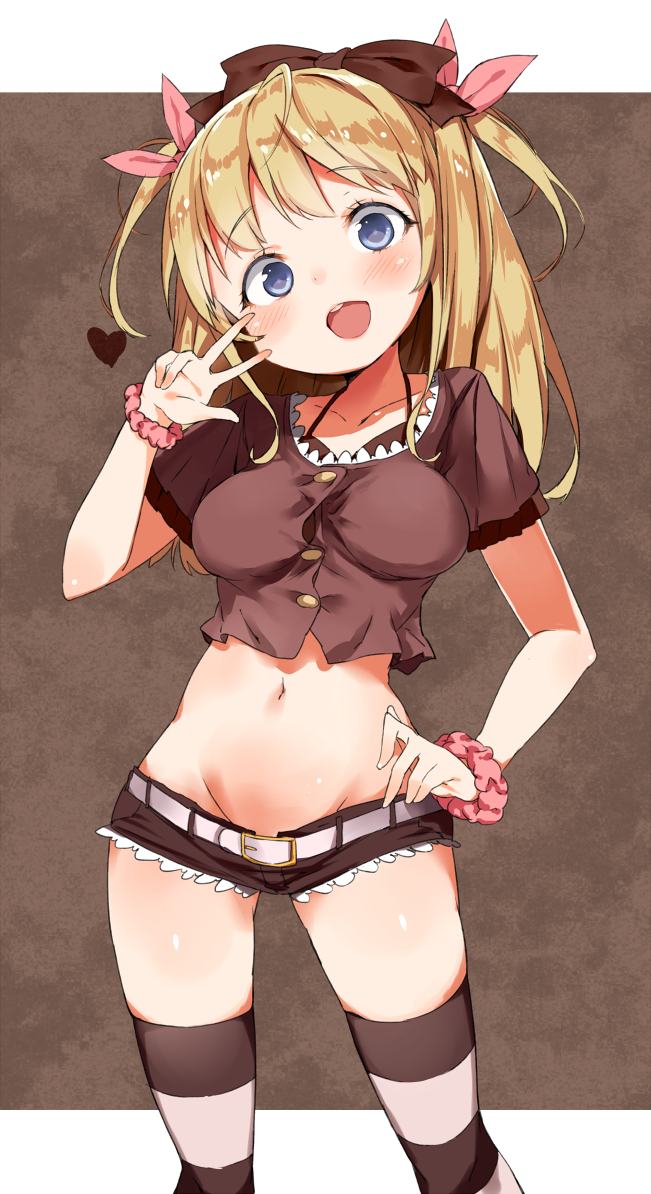 1girl, blonde_hair, blue_eyes, bow, gomibox, hair_bow, hand_on_hip, heart, long_hair, midriff, mound_of_venus, navel, original, scrunchie, short_shorts, shorts, smile, solo, striped, striped_legwear, thighhighs, two_side_up, v