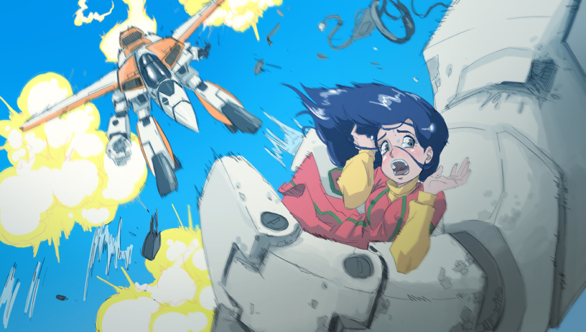 1girl, battle, black_hair, blush, choujikuu_yousai_macross, damaged, debris, dress