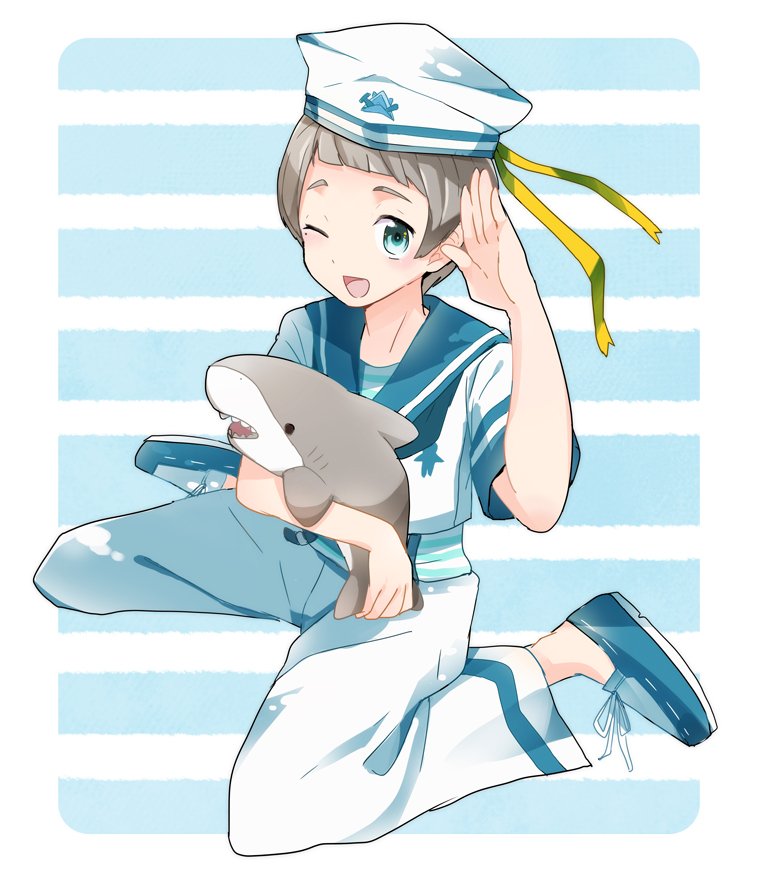 1boy, blue_eyes, blush, free!, grey_hair, hat, hat_ribbon, male