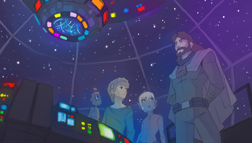 1girl, 2boys, 80s, alien, beard, cape, facial_hair, family