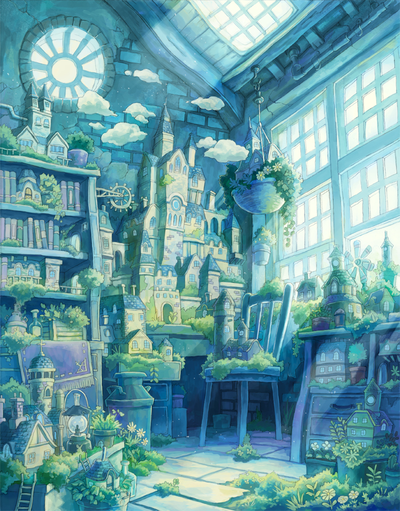 book, bookshelf, bottle, castle, chair, church, clouds, desk, hanging_plant, house, kemi_neko, lantern, no_humans, original, overgrown, plant, potted_plant, sky, windmill, window