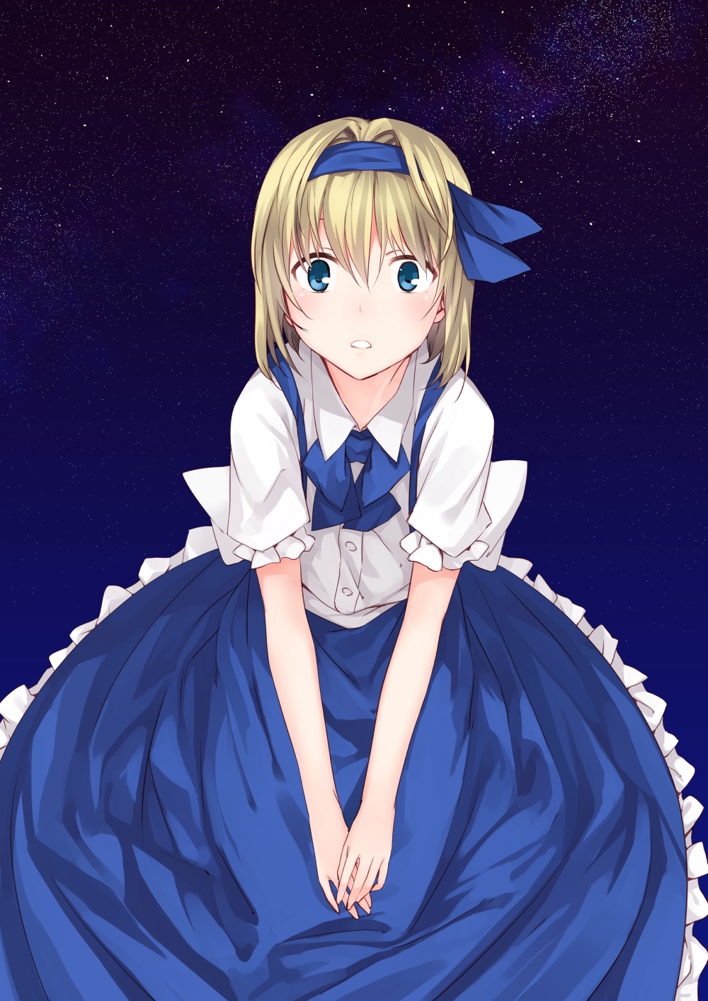 1girl, alice_margatroid, alice_margatroid_(pc-98), blonde_hair, blue_eyes, blush, hair_ribbon, hairband