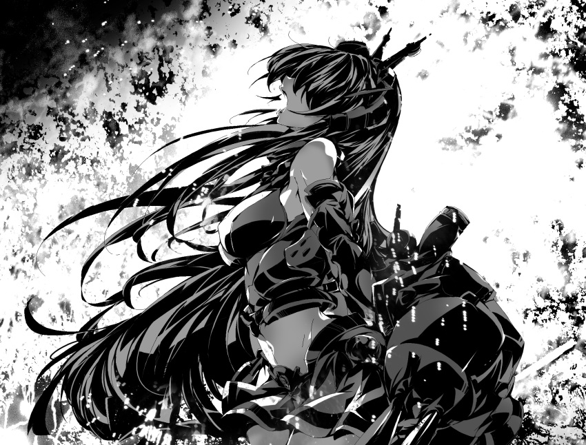 1girl, alabaster_(artist), bare_shoulders, black_hair, breasts, elbow_gloves, eyes_hidden, gloves, highres, kantai_collection, long_hair, looking_up, monochrome, nagato_(kantai_collection), open_mouth, solo