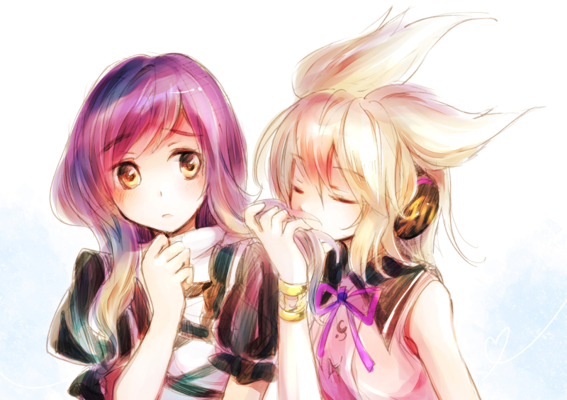 2girls, blonde_hair, bracelet, bust, closed_eyes, earmuffs, gradient_hair, hijiri_byakuren