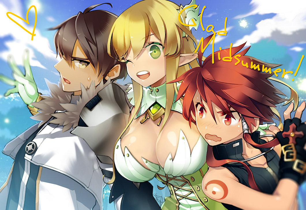 1girl, 2boys, :o, ;d, arai_12, black_hair, blonde_hair, breasts, elsword, elsword_(character), fingerless_gloves, gloves, green_eyes, jacket, large_breasts, long_hair, multiple_boys, open_mouth, payot, pointy_ears, raven_(elsword), red_eyes, redhead, rena_(elsword), smile, sweat, wink, yellow_eyes