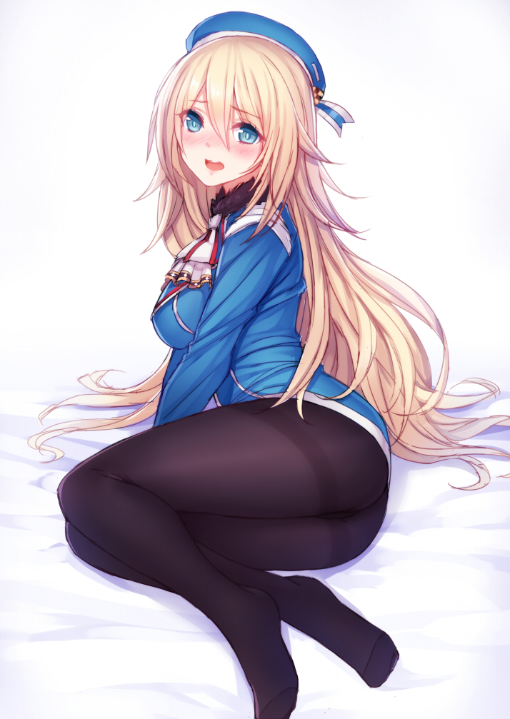 1girl, ass, atago_(kantai_collection), black_legwear, blonde_hair, blue_eyes, blush, breasts