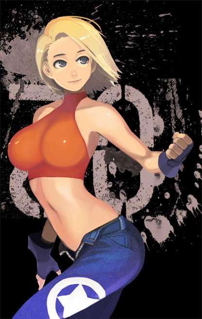 1girl, bangs, bare_shoulders, belt, blonde_hair, blue_eyes, blue_mary, breasts