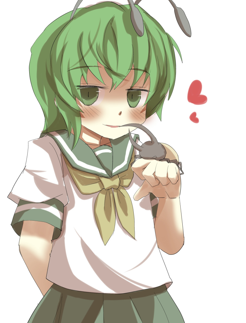 1girl, antennae, arm_behind_back, beetle, blush, contemporary, gaoo_(frpjx283), green_eyes