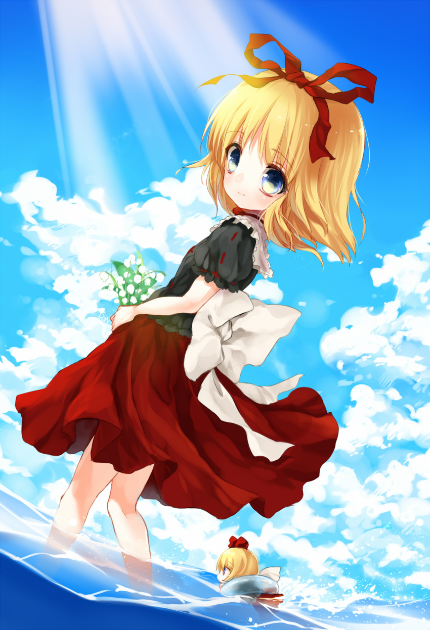 1girl, blonde_hair, blue_eyes, clouds, dqn_(dqnww), floater, floating, flower, hair_ornament, hair_ribbon, highres, holding, holding_flower, light, lily_of_the_valley, looking_at_viewer, medicine_melancholy, puffy_sleeves, ribbon, shirt, short_hair, short_sleeves, skirt, sky, smile, solo, su-san, swimming, touhou, water