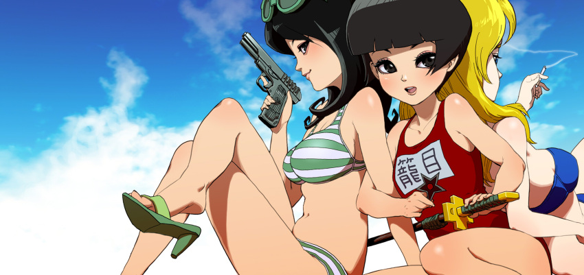3girls, bandeau, bangs, bikini, black_hair, blonde_hair, blue_eyes, blue_sky