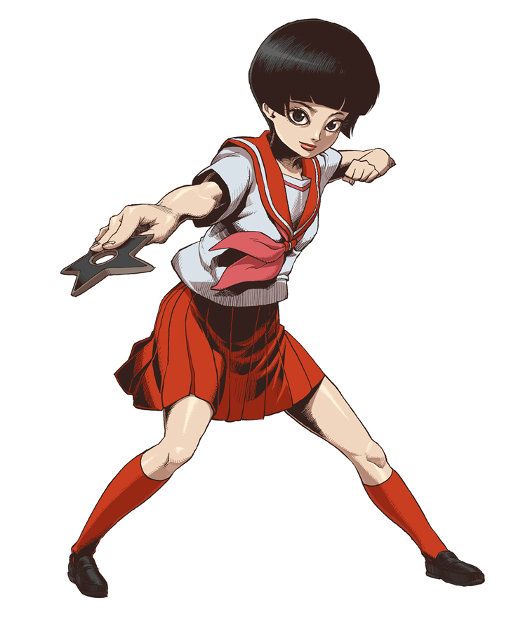 1girl, bangs, black_hair, blunt_bangs, daromeon, fighting_stance, flat_chest, ketchup_ninja