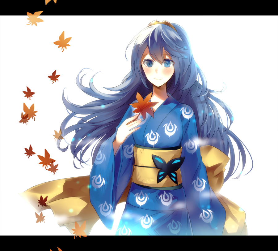 1girl, alternate_costume, arm_up, blue_eyes, blue_hair, blush, border, butterfly