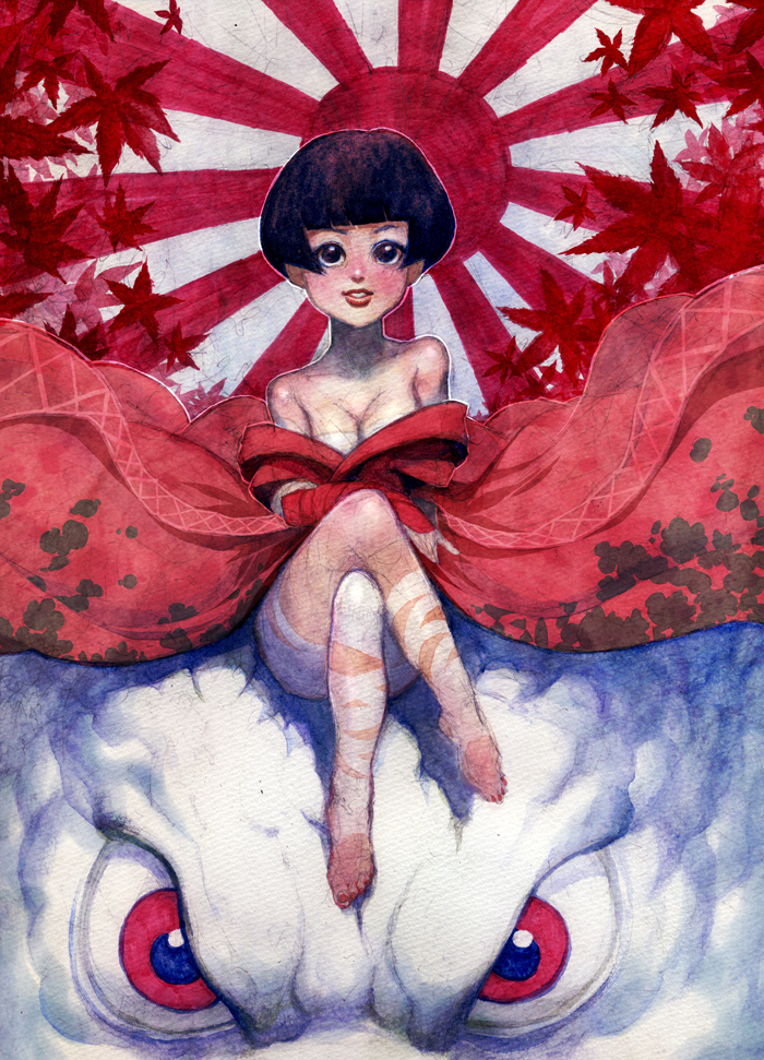 1girl, bandages, bangs, barefoot, black_eyes, black_hair, blunt_bangs, blush