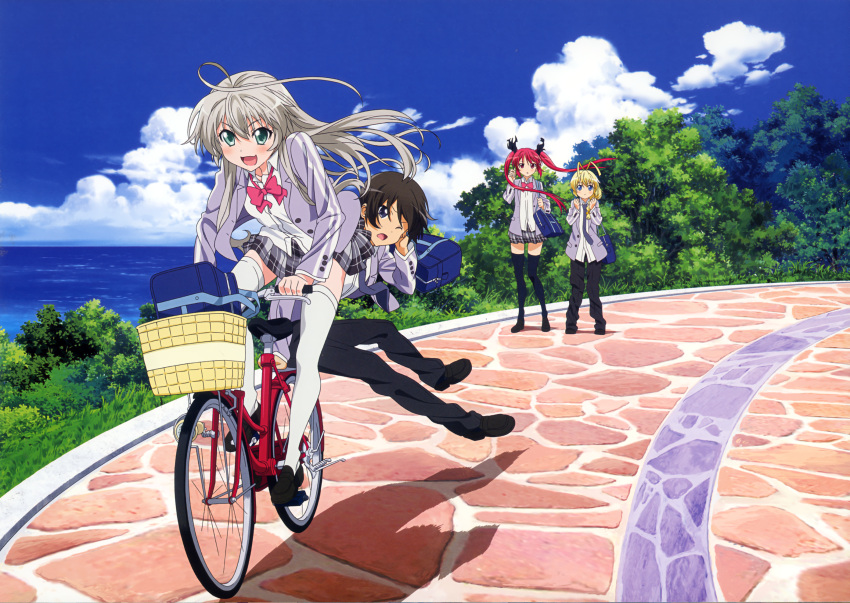 2boys, 2girls, absurdres, ahoge, bicycle, black_legwear, blonde_hair, blue_eyes