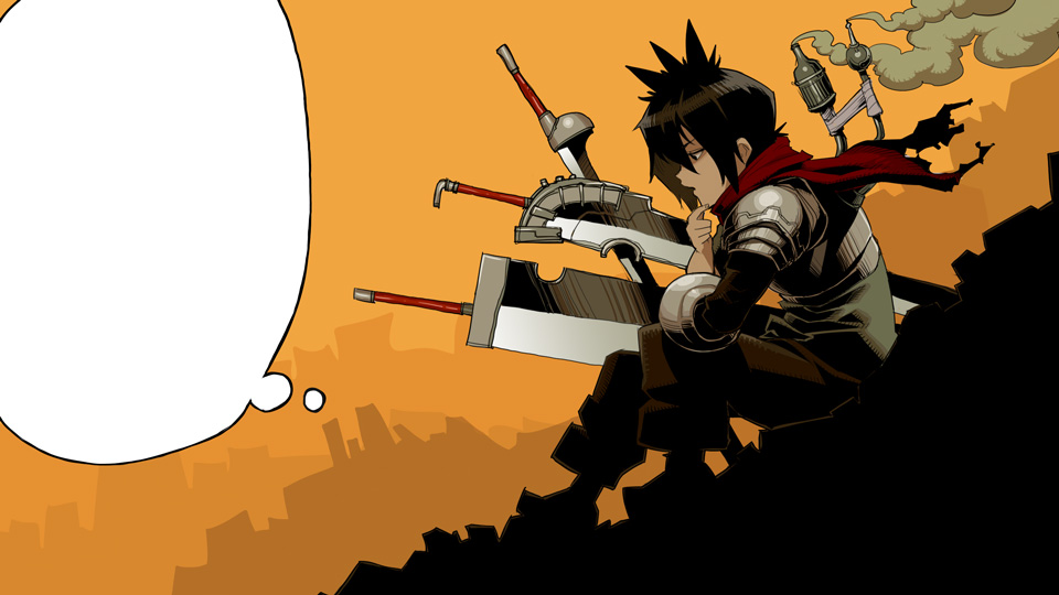 1girl, armor, black_hair, chin_stroking, daromeon, huge_weapon, ketchup_ninja, pauldrons