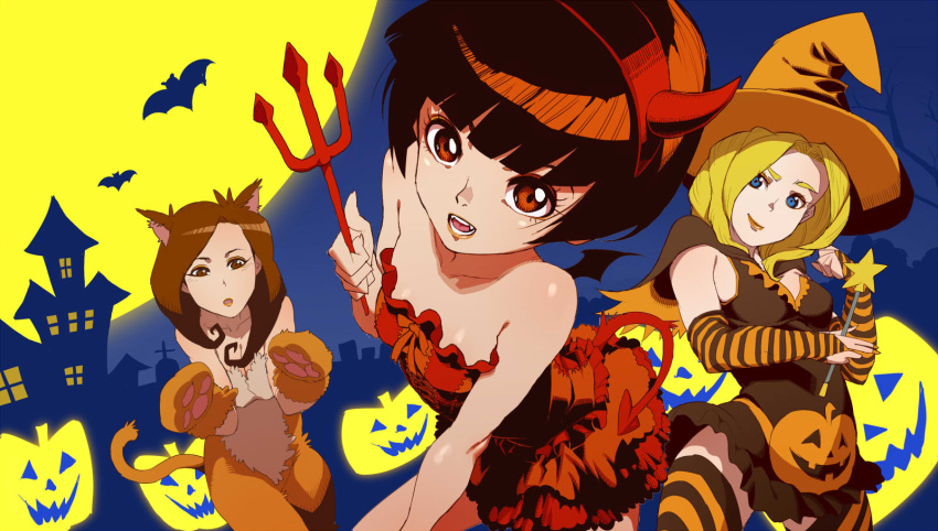 3girls, animal_ears, bangs, bare_shoulders, bat, blonde_hair, blue_eyes, blunt_bangs
