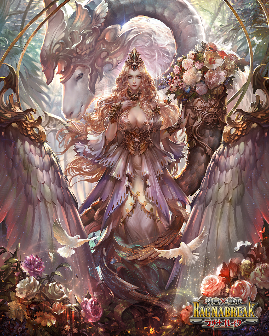 1girl, bird, blonde_hair, bouquet, cdash817, copyright_name, creature, dress