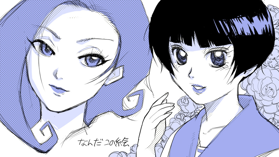 2girls, bangs, blunt_bangs, collage, daromeon, eyelashes, face, flower