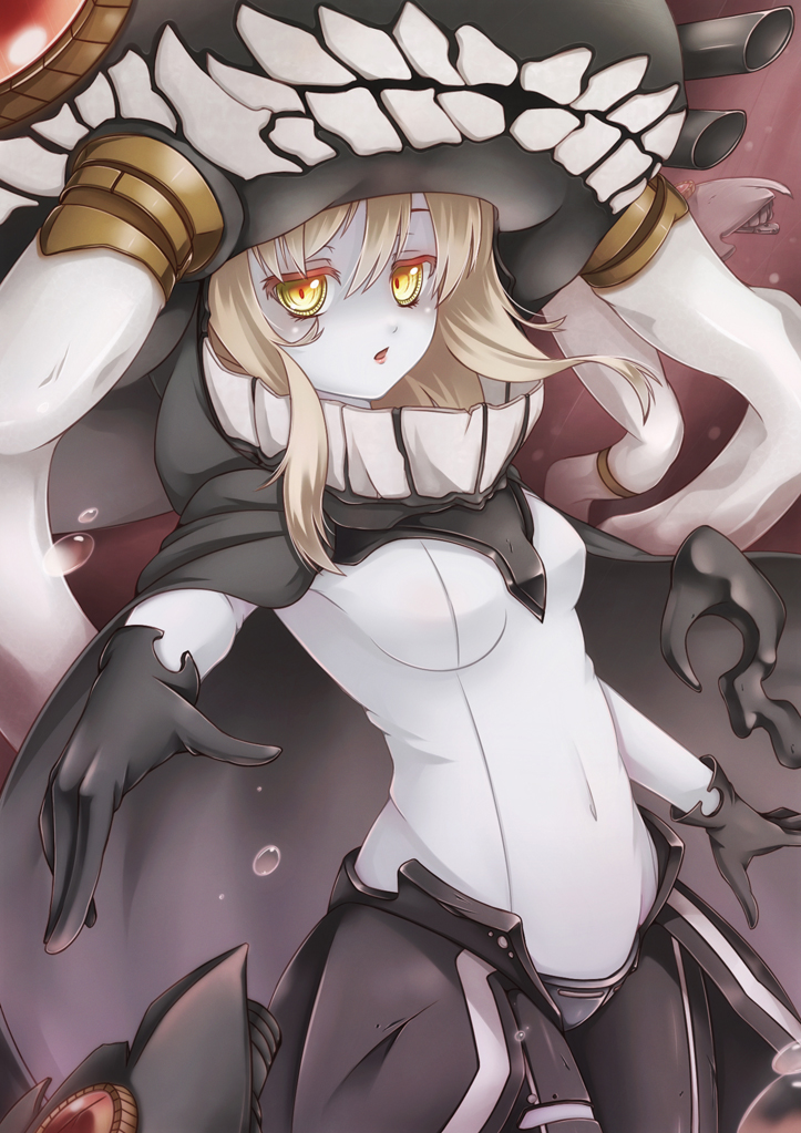 1girl, blonde_hair, bodysuit, gloves, kantai_collection, looking_at_viewer, monster, open_mouth
