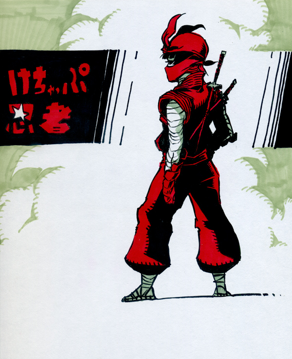 1girl, bandages, bandana, daromeon, face_mask, from_behind, ketchup_ninja, marker_(medium)