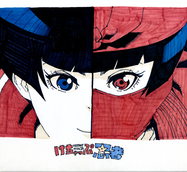 1girl, bandana, bangs, black_hair, blue_eyes, blunt_bangs, daromeon, face_mask
