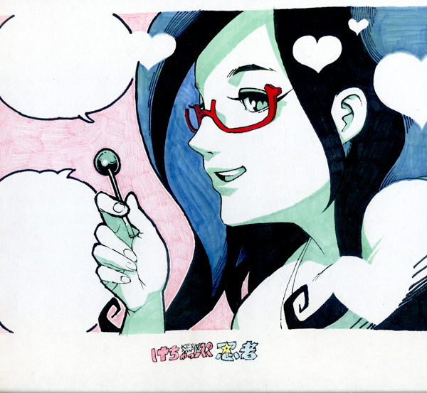 1girl, black_hair, candy, daromeon, glasses, heart, ketchup_ninja, lollipop