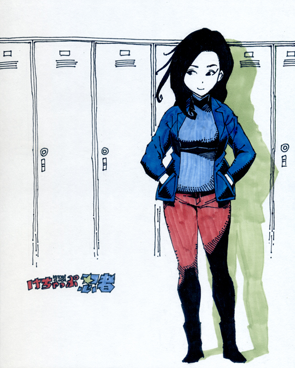 1girl, black_hair, blazer, casual, daromeon, hands_in_pockets, ketchup_ninja, locker