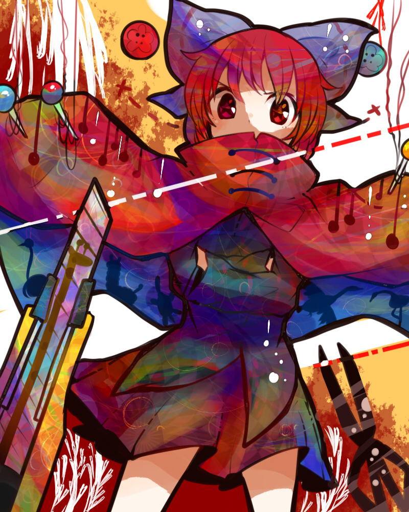 1girl, bird, blush, bottom, bow, cape, crane_(animal), cutter