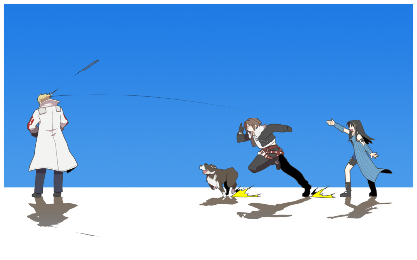 angelo_(ff8), angelo_(final_fantasy_viii), bad_id, black_hair, blonde_hair, brown_hair, dog, final_fantasy, final_fantasy_viii, long_hair, multiple_boys, open_mouth, rinoa_heartilly, running, seifer_almasy, seiji_(pixiv), shadow, smile, squall_leonhart, throw, throwing, wallpaper
