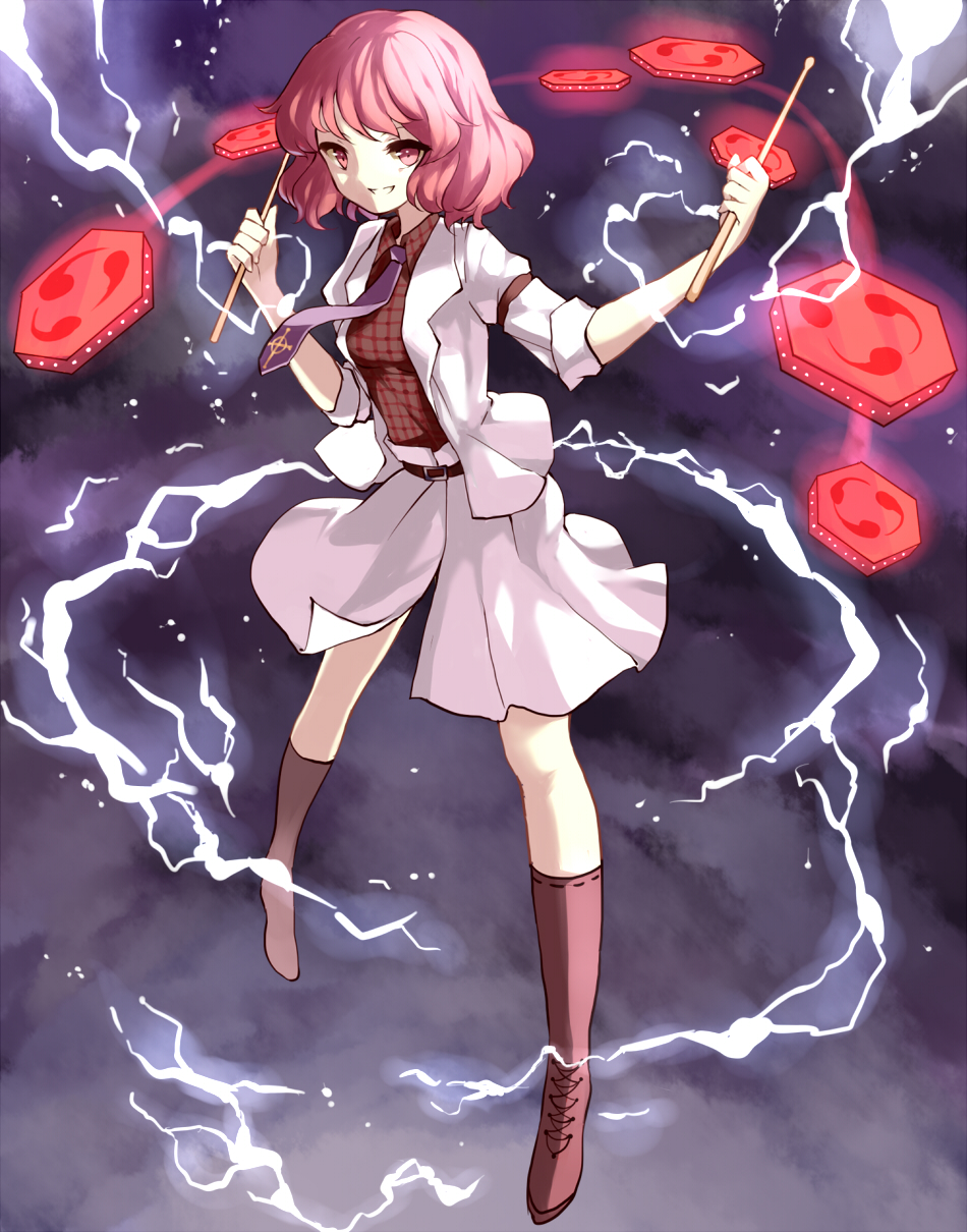 1girl, drum, drumsticks, formal, grin, highres, horikawa_raiko, instrument, lightning, maiwetea, necktie, red_eyes, redhead, skirt, smile, solo, suit, touhou