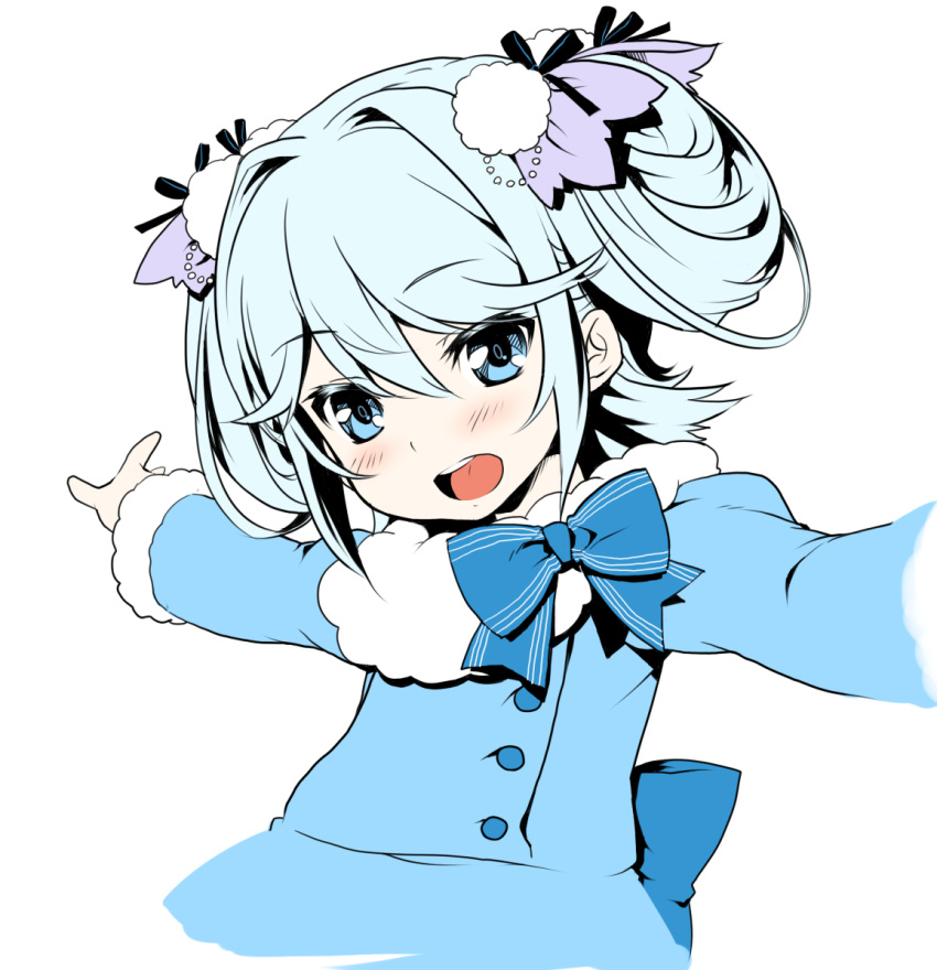 blue_eyes, blue_hair, coat, dress, fantasista_doll, hair_ornament, katia_(fantasista_doll), open_mouth