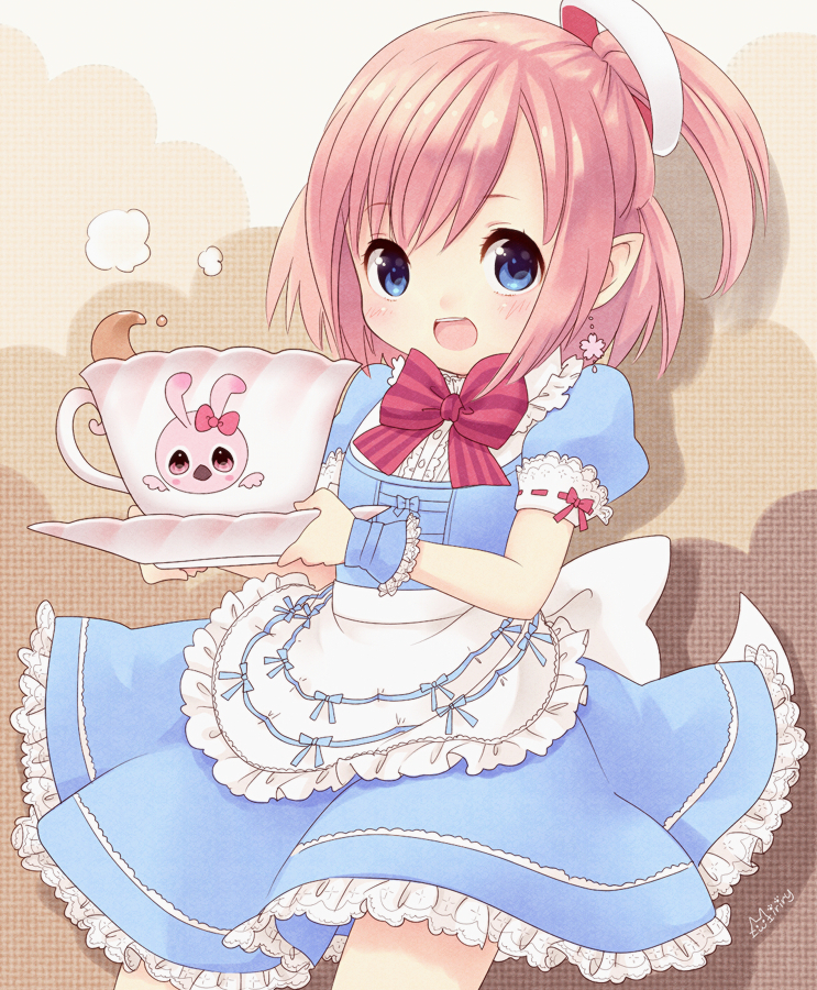 1girl, blue_eyes, blush, cup, earrings, frills, jewelry, maid